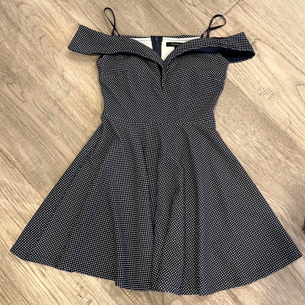 Navy spotted short dress off the shoulder strapless